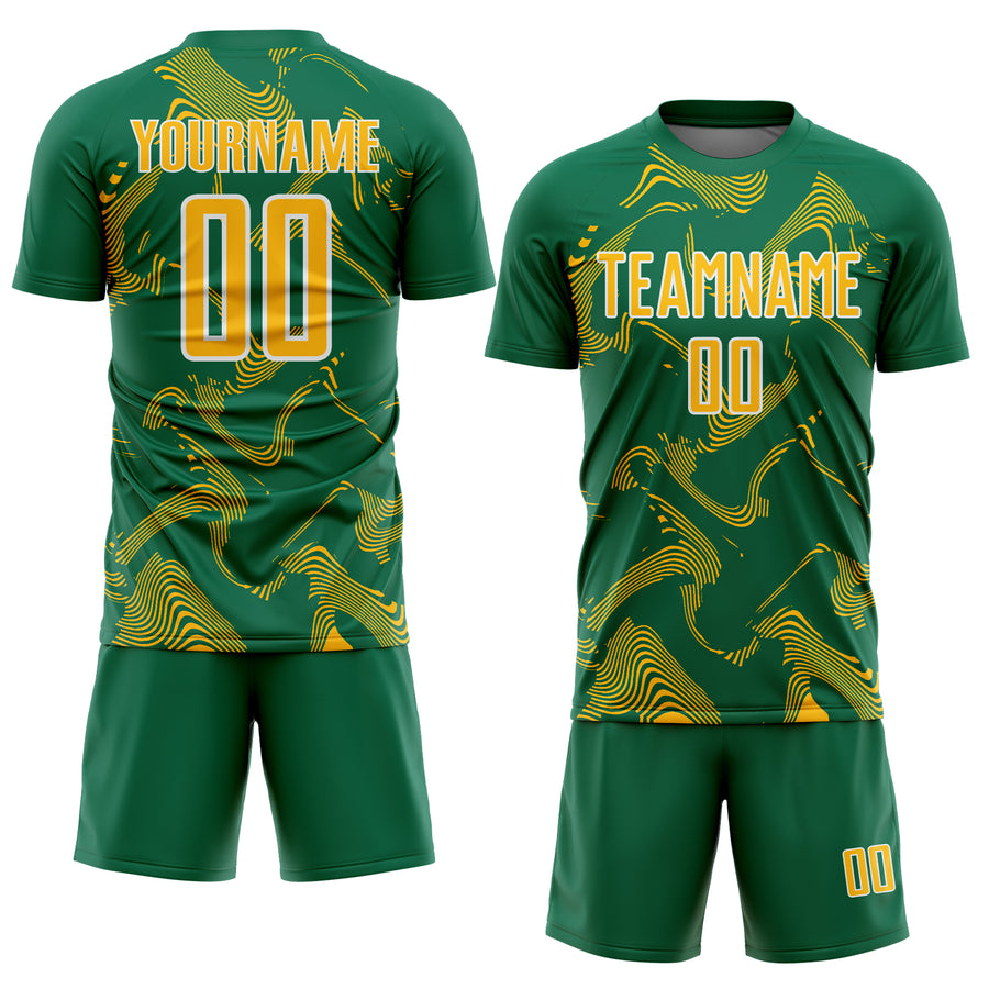 Custom Kelly Green Gold-White Curve Lines Sports Sublimation Soccer Uniform Jersey