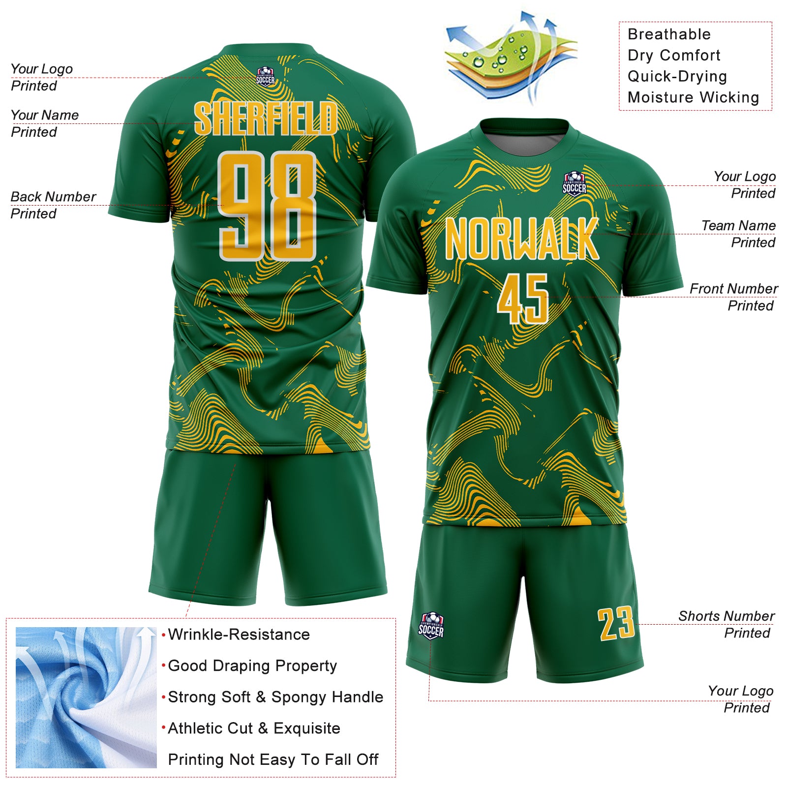 Custom Kelly Green Gold-White Curve Lines Sports Sublimation Soccer Uniform Jersey