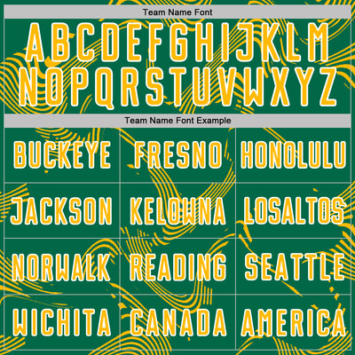 Custom Kelly Green Gold-White Curve Lines Sports Sublimation Soccer Uniform Jersey