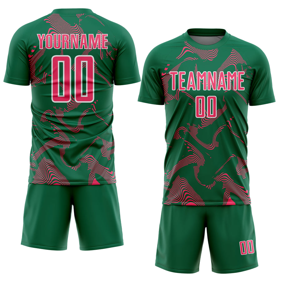 Custom Kelly Green Neon Pink-White Curve Lines Sports Sublimation Soccer Uniform Jersey