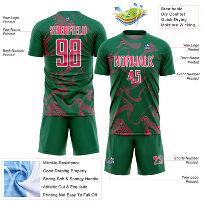 Custom Kelly Green Neon Pink-White Curve Lines Sports Sublimation Soccer Uniform Jersey