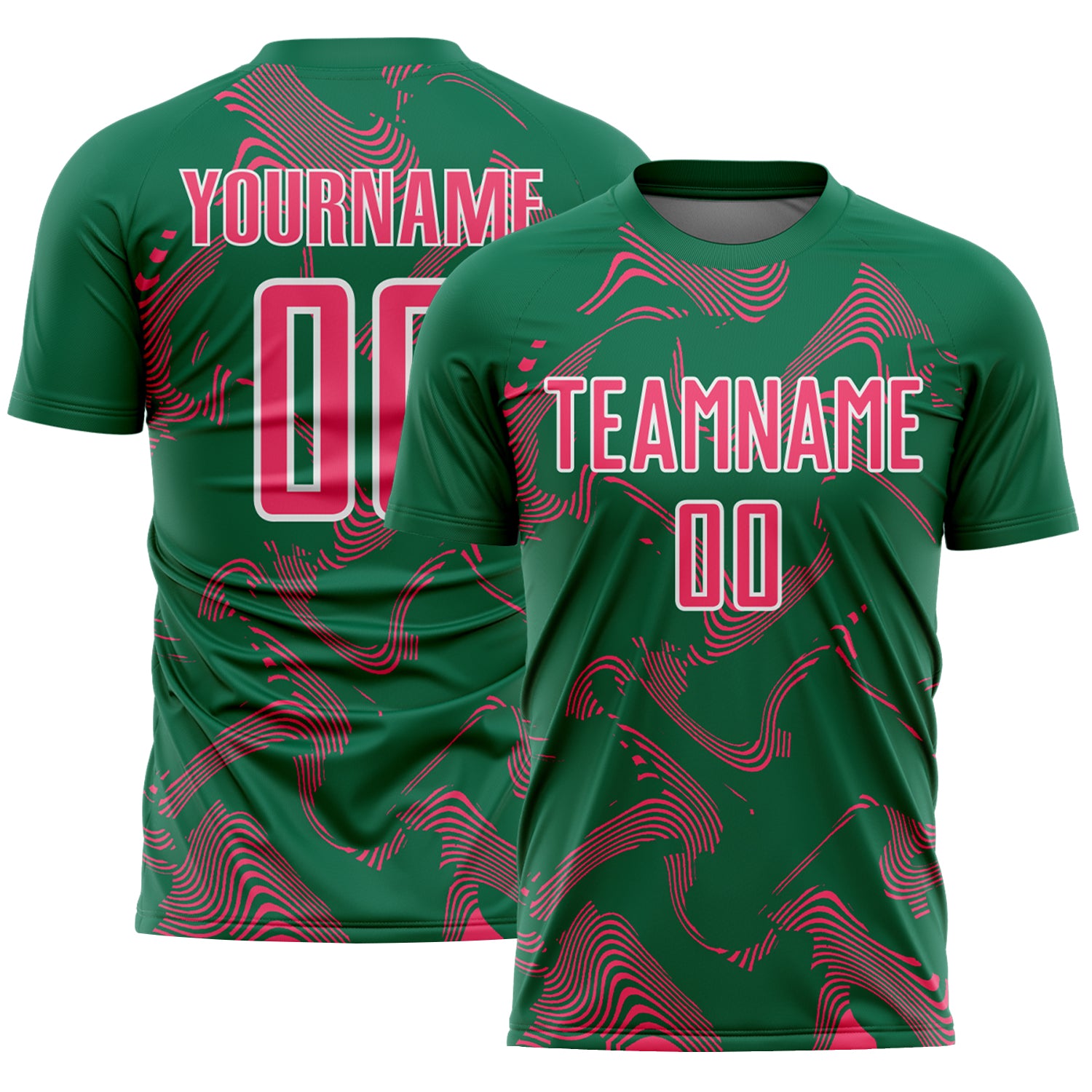Custom Kelly Green Neon Pink-White Curve Lines Sports Sublimation Soccer Uniform Jersey
