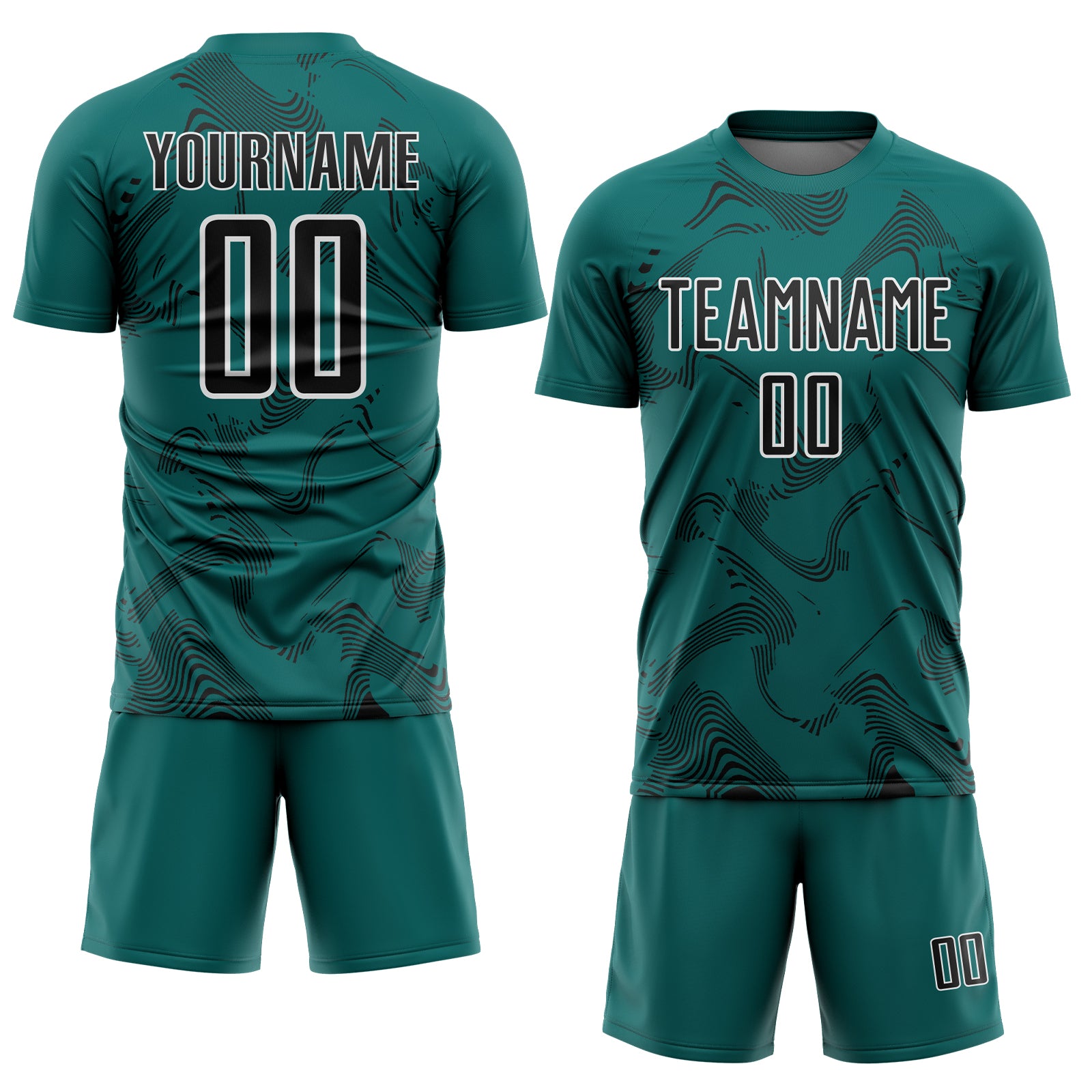 Custom Teal Black-White Curve Lines Sports Sublimation Soccer Uniform Jersey
