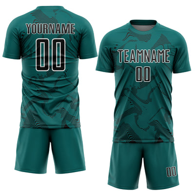 Custom Teal Black-White Curve Lines Sports Sublimation Soccer Uniform Jersey