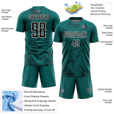 Custom Teal Black-White Curve Lines Sports Sublimation Soccer Uniform Jersey