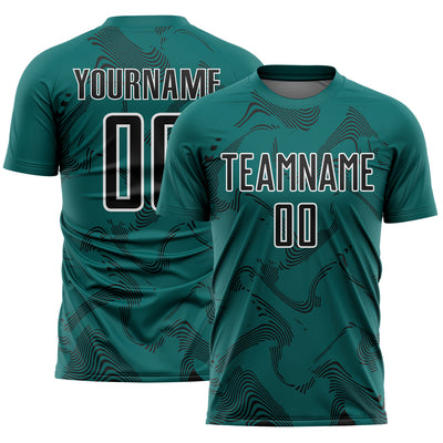 Custom Teal Black-White Curve Lines Sports Sublimation Soccer Uniform Jersey