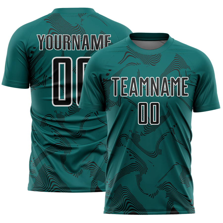 Custom Teal Black-White Curve Lines Sports Sublimation Soccer Uniform Jersey