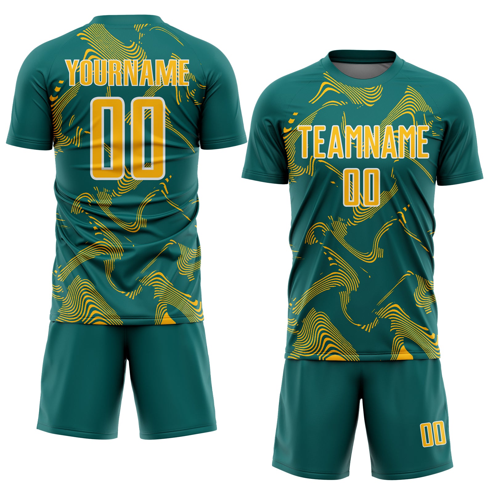 Custom Teal Gold-White Curve Lines Sports Sublimation Soccer Uniform Jersey