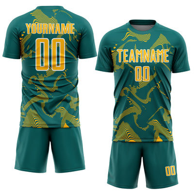 Custom Teal Gold-White Curve Lines Sports Sublimation Soccer Uniform Jersey