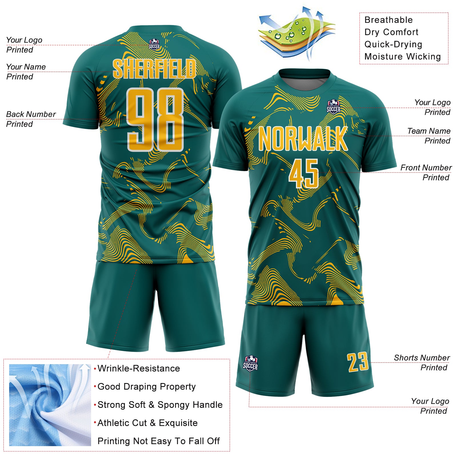 Custom Teal Gold-White Curve Lines Sports Sublimation Soccer Uniform Jersey