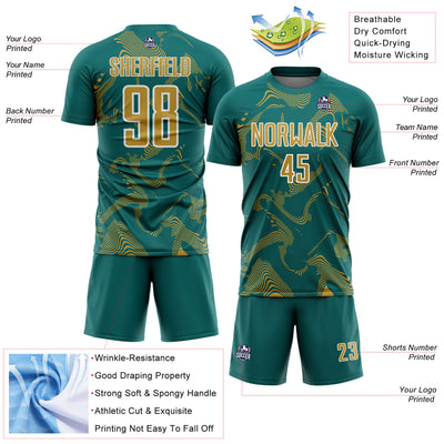 Custom Teal Old Gold-White Curve Lines Sports Sublimation Soccer Uniform Jersey