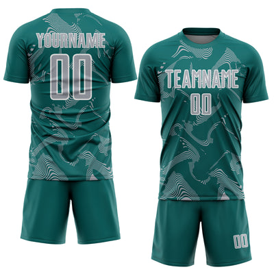 Custom Teal Gray-White Curve Lines Sports Sublimation Soccer Uniform Jersey