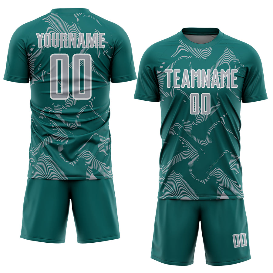 Custom Teal Gray-White Curve Lines Sports Sublimation Soccer Uniform Jersey