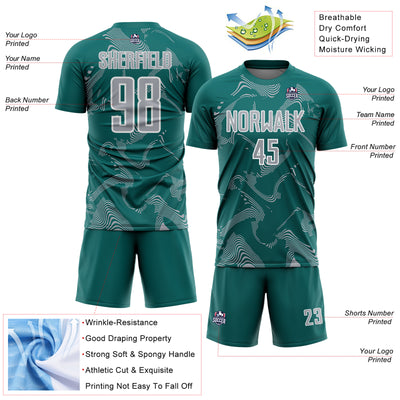 Custom Teal Gray-White Curve Lines Sports Sublimation Soccer Uniform Jersey