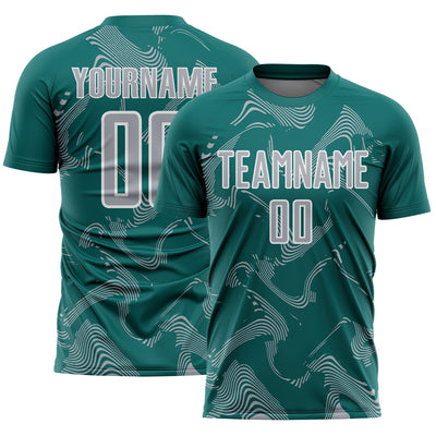 Custom Teal Gray-White Curve Lines Sports Sublimation Soccer Uniform Jersey