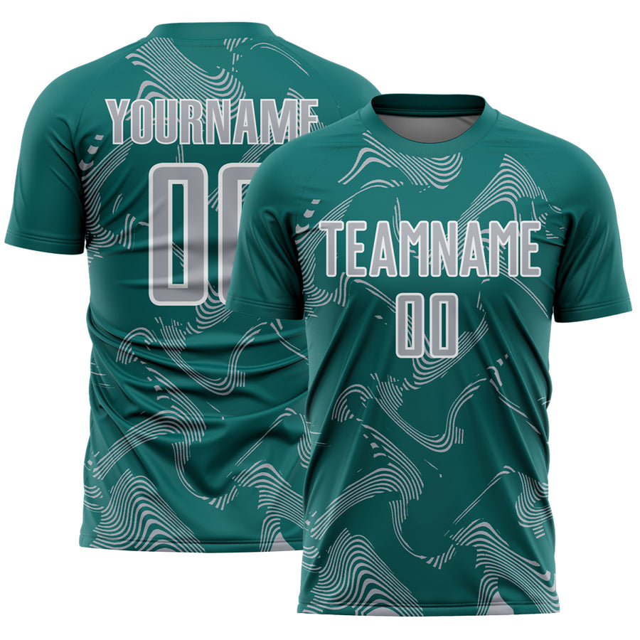 Custom Teal Gray-White Curve Lines Sports Sublimation Soccer Uniform Jersey