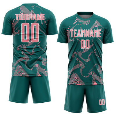 Custom Teal Medium Pink-White Curve Lines Sports Sublimation Soccer Uniform Jersey
