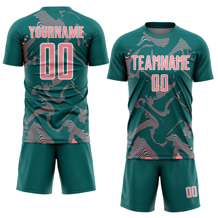 Custom Teal Medium Pink-White Curve Lines Sports Sublimation Soccer Uniform Jersey