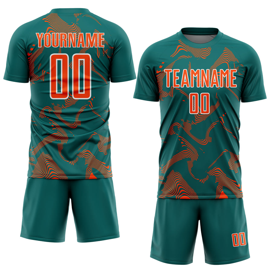 Custom Teal Orange-White Curve Lines Sports Sublimation Soccer Uniform Jersey