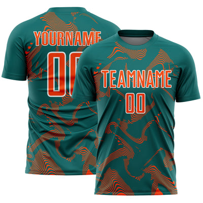 Custom Teal Orange-White Curve Lines Sports Sublimation Soccer Uniform Jersey