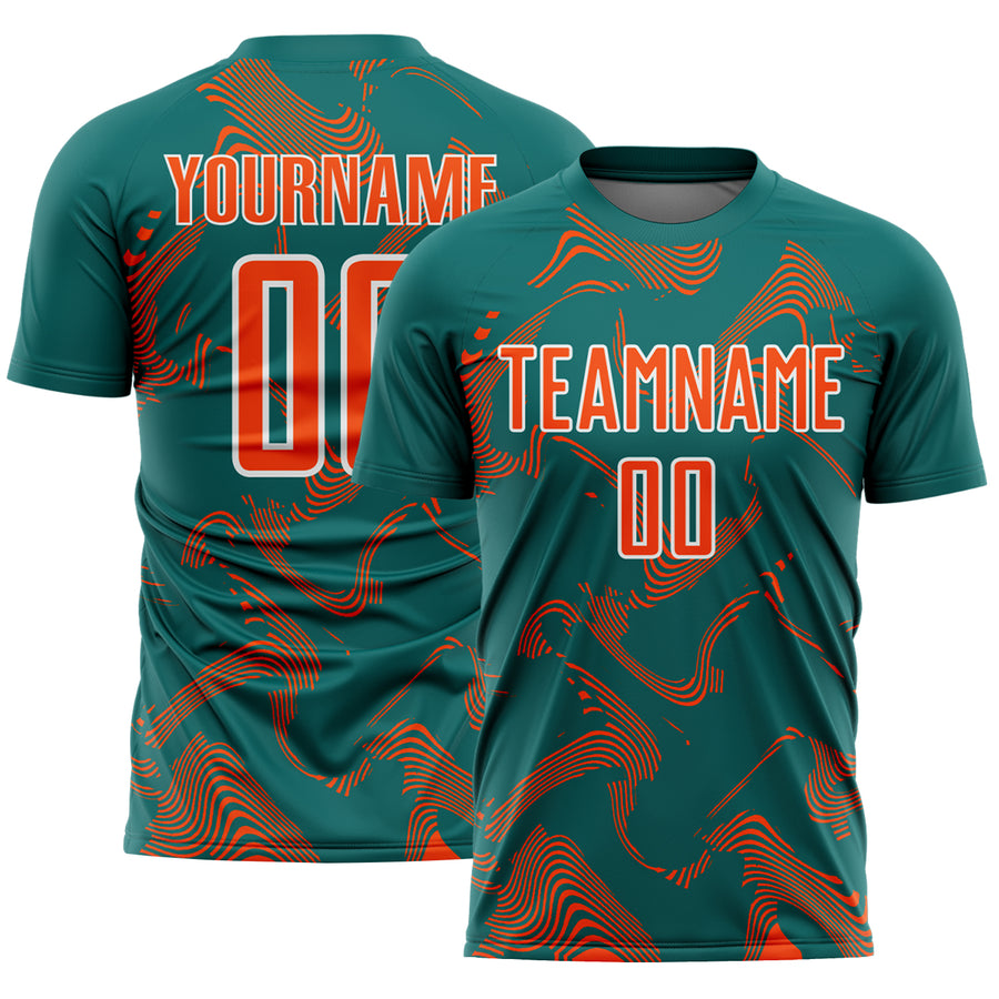 Custom Teal Orange-White Curve Lines Sports Sublimation Soccer Uniform Jersey