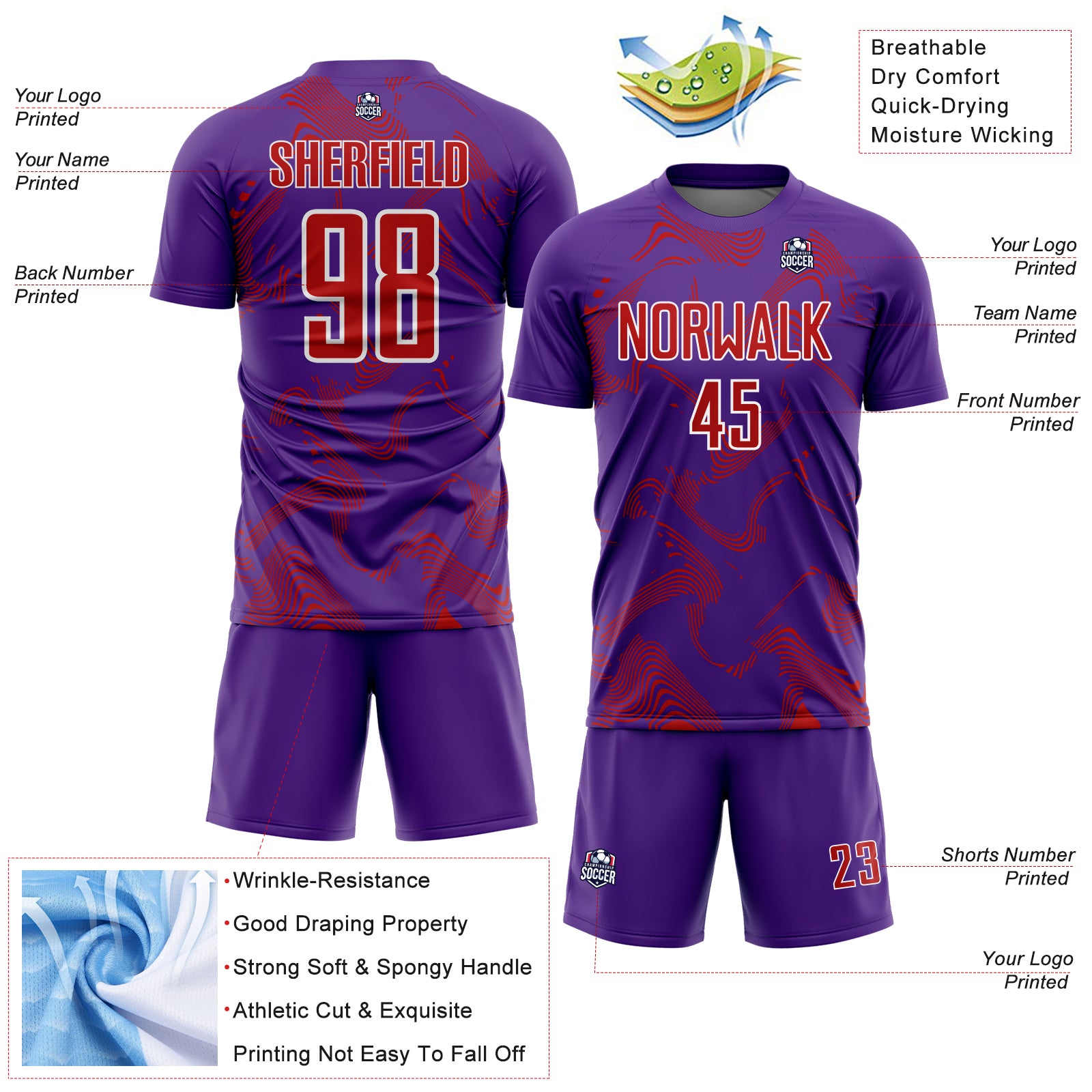 Custom Purple Red-White Curve Lines Sports Sublimation Soccer Uniform Jersey