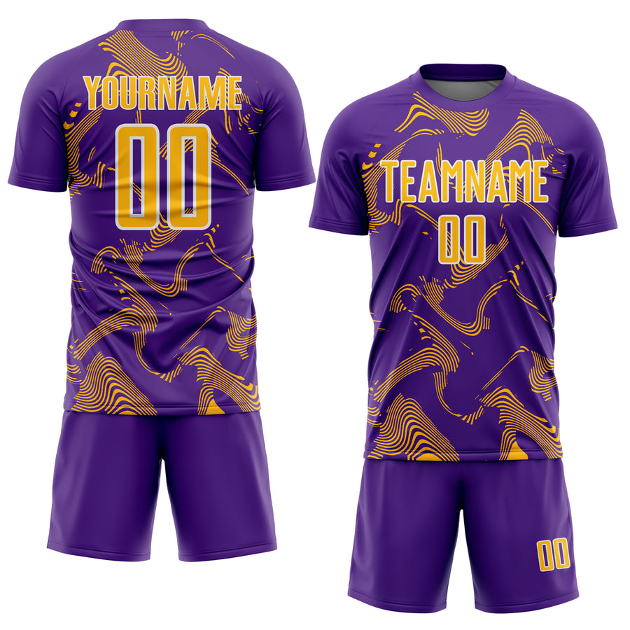 Custom Purple Gold-White Curve Lines Sports Sublimation Soccer Uniform Jersey
