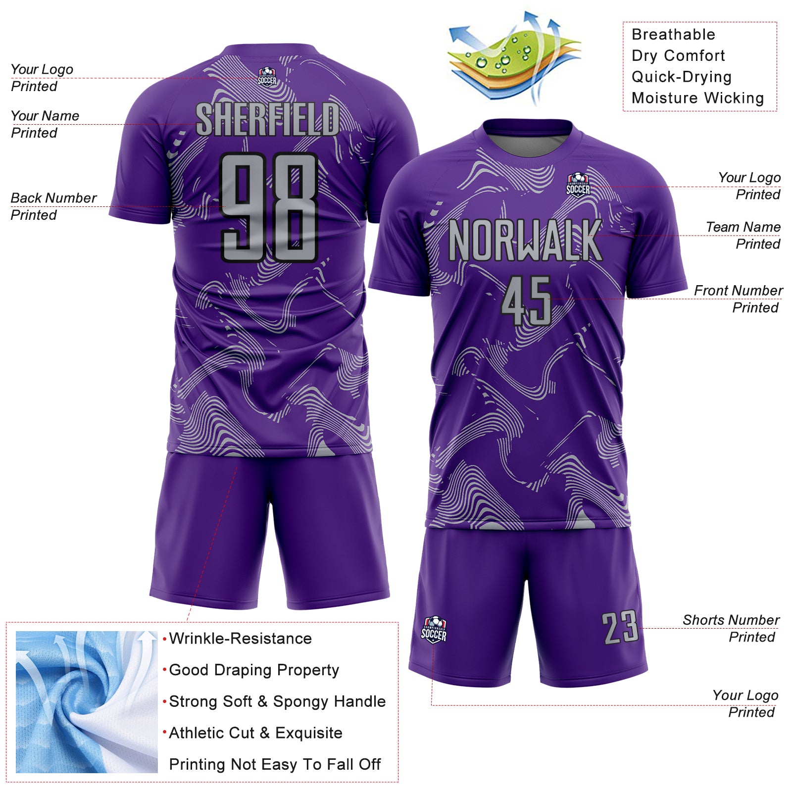 Custom Purple Gray-Black Curve Lines Sports Sublimation Soccer Uniform Jersey