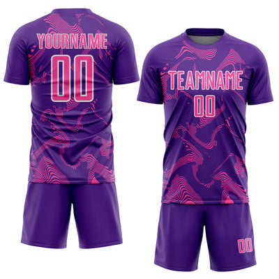 Custom Purple Pink-White Curve Lines Sports Sublimation Soccer Uniform Jersey