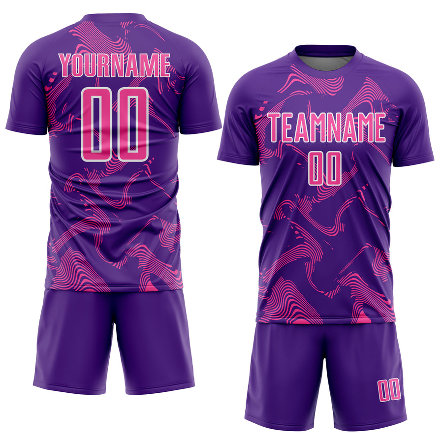 Custom Purple Pink-White Curve Lines Sports Sublimation Soccer Uniform Jersey