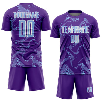 Custom Purple Light Blue-White Curve Lines Sports Sublimation Soccer Uniform Jersey