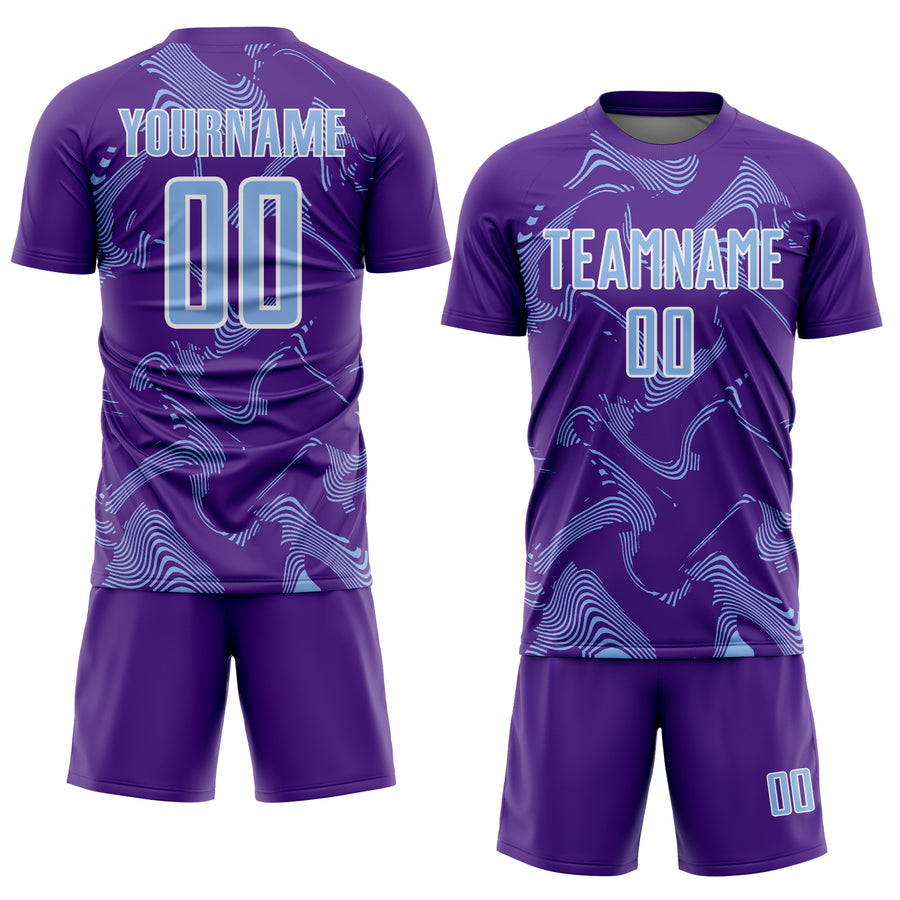 Custom Purple Light Blue-White Curve Lines Sports Sublimation Soccer Uniform Jersey