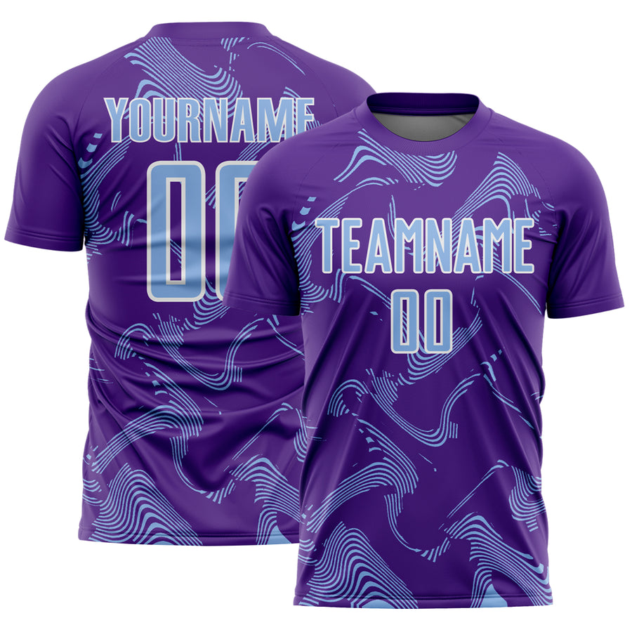 Custom Purple Light Blue-White Curve Lines Sports Sublimation Soccer Uniform Jersey