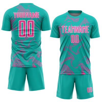 Custom Aqua Pink-White Curve Lines Sports Sublimation Soccer Uniform Jersey