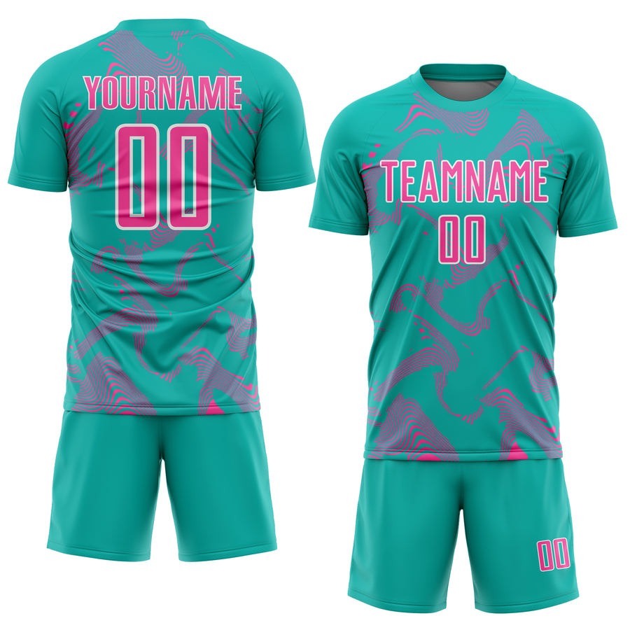 Custom Aqua Pink-White Curve Lines Sports Sublimation Soccer Uniform Jersey