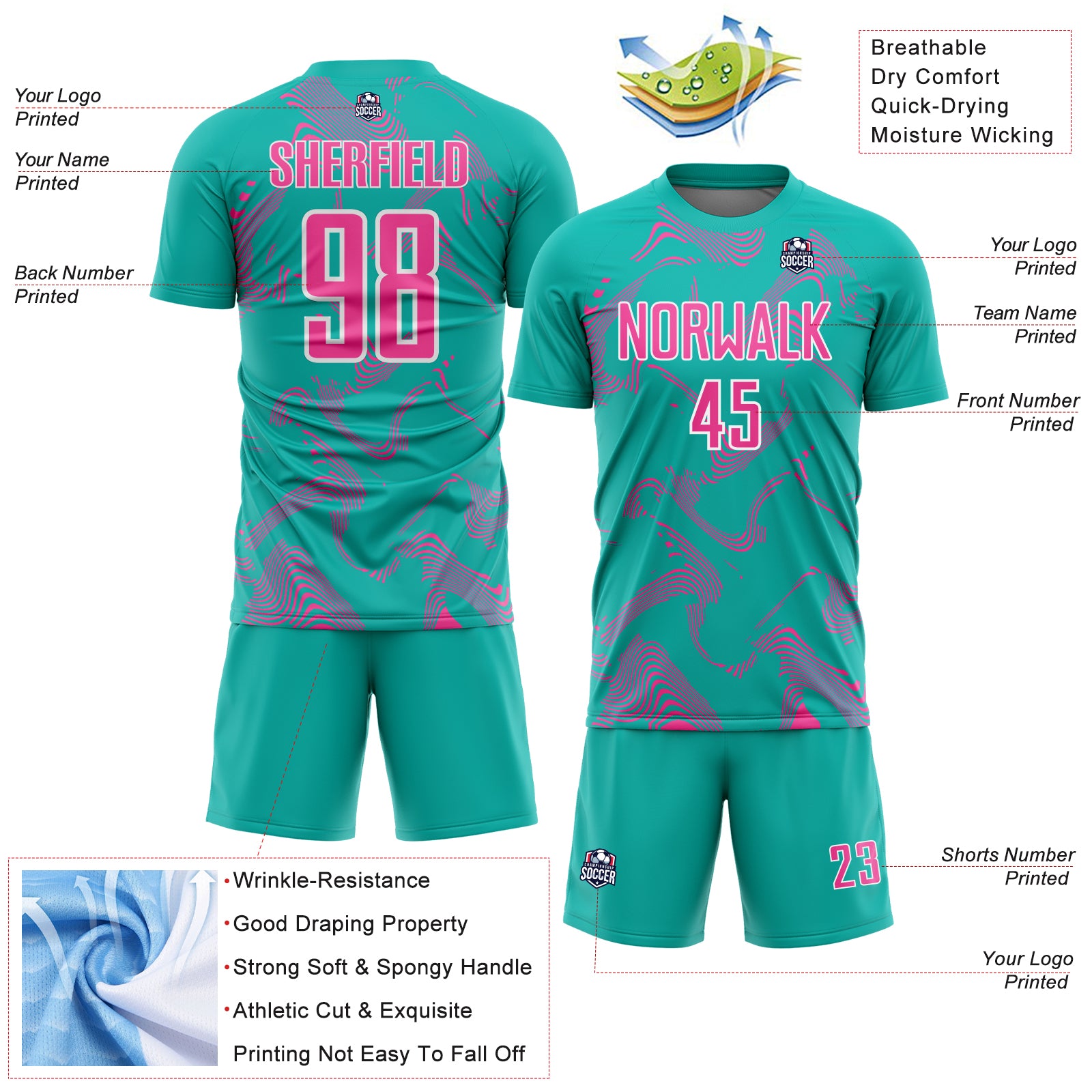 Custom Aqua Pink-White Curve Lines Sports Sublimation Soccer Uniform Jersey