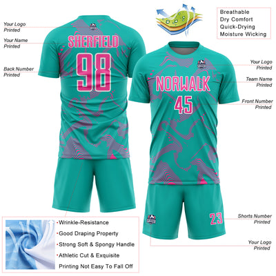 Custom Aqua Pink-White Curve Lines Sports Sublimation Soccer Uniform Jersey