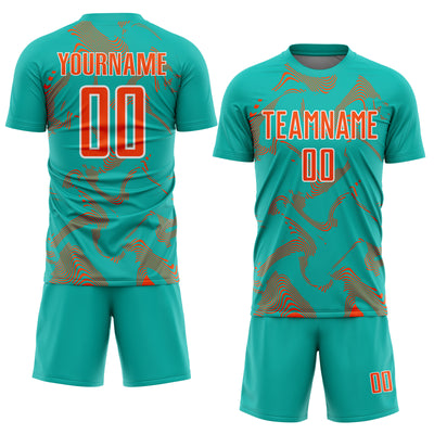 Custom Aqua Orange-White Curve Lines Sports Sublimation Soccer Uniform Jersey