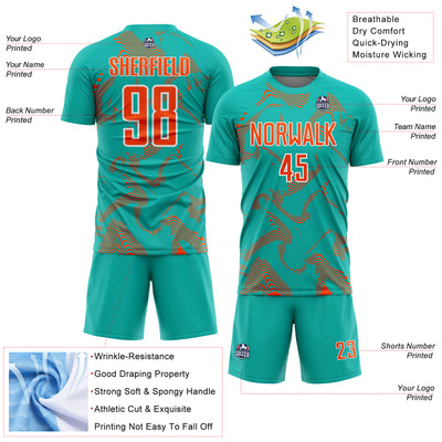 Custom Aqua Orange-White Curve Lines Sports Sublimation Soccer Uniform Jersey