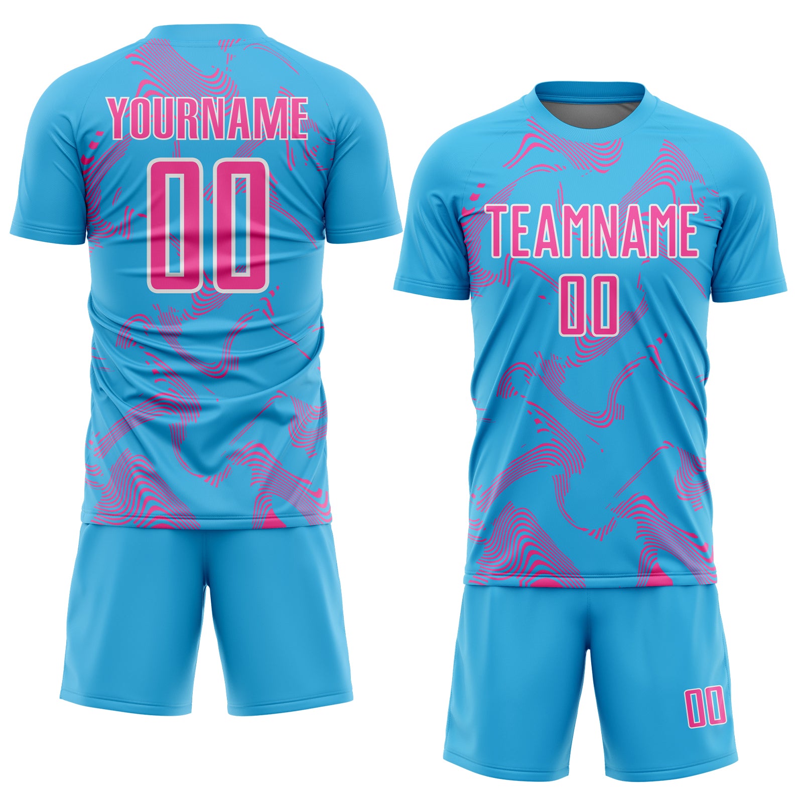 Custom Sky Blue Pink-White Curve Lines Sports Sublimation Soccer Uniform Jersey