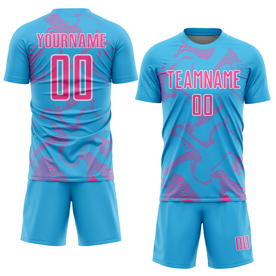 Custom Sky Blue Pink-White Curve Lines Sports Sublimation Soccer Uniform Jersey
