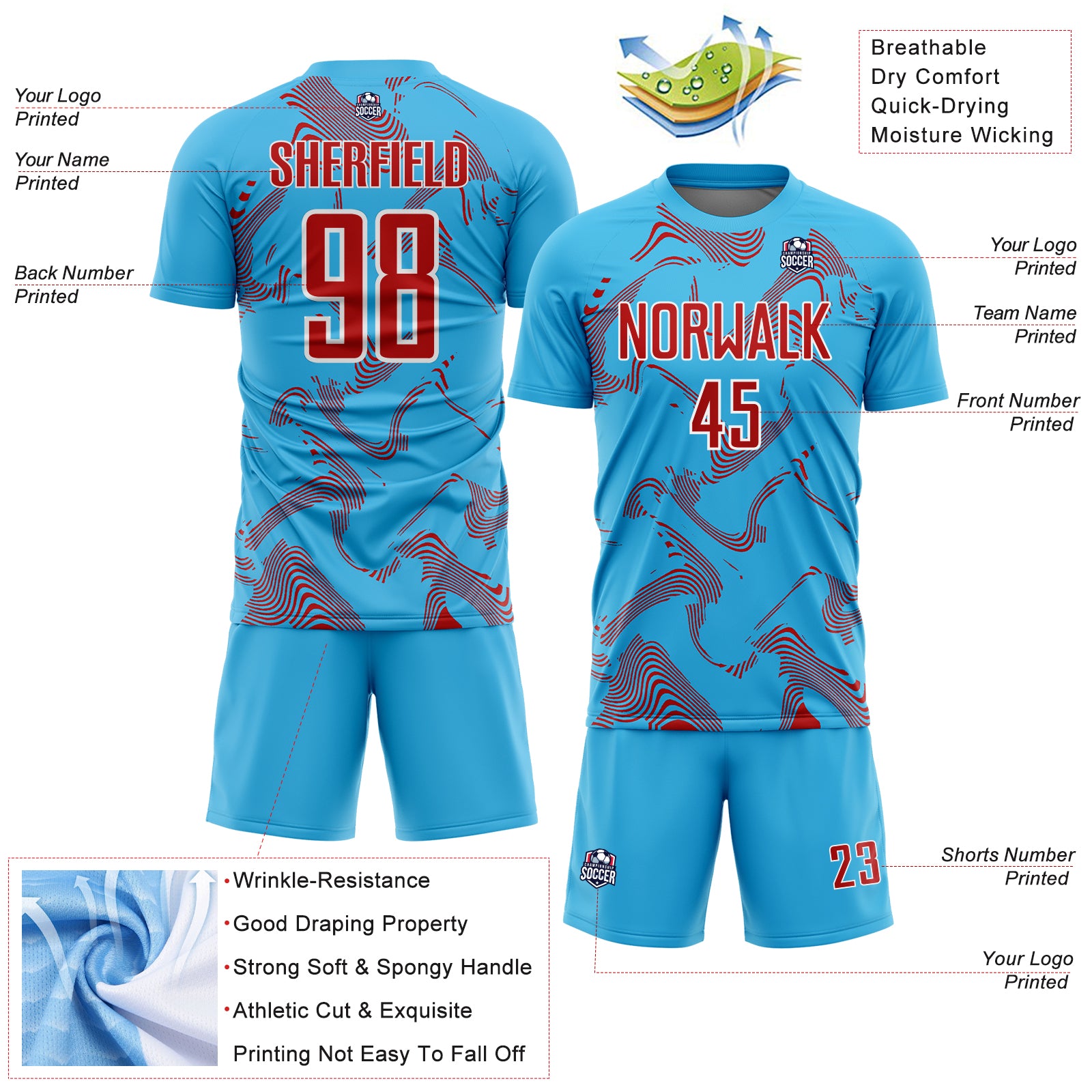 Custom Sky Blue Red-White Curve Lines Sports Sublimation Soccer Uniform Jersey