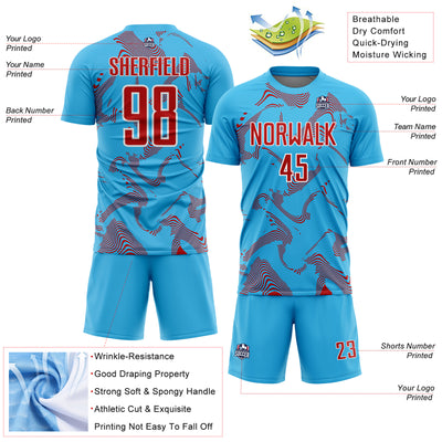 Custom Sky Blue Red-White Curve Lines Sports Sublimation Soccer Uniform Jersey