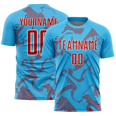 Custom Sky Blue Red-White Curve Lines Sports Sublimation Soccer Uniform Jersey