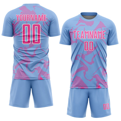 Custom Light Blue Red-White Curve Lines Sports Sublimation Soccer Uniform Jersey