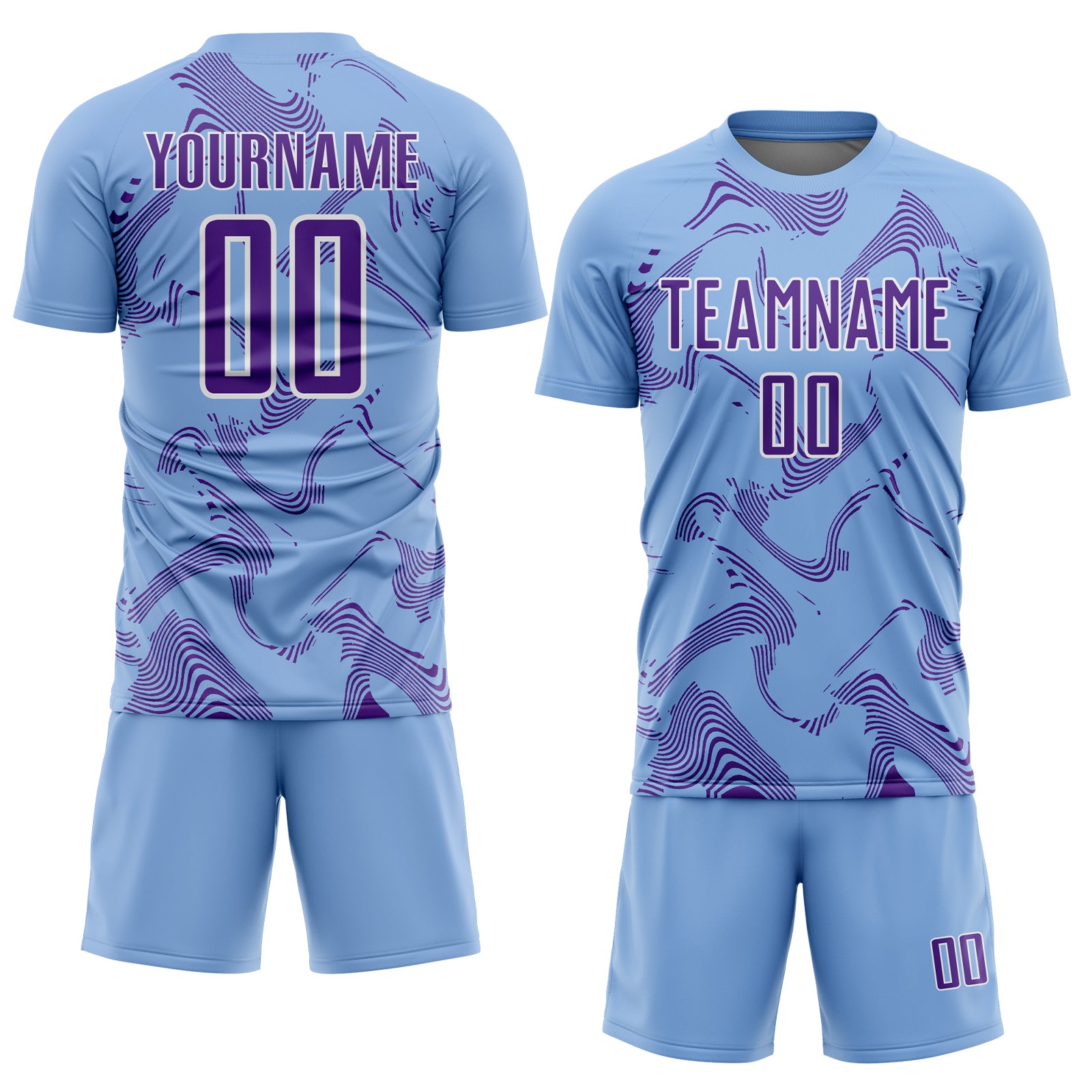 Custom Light Blue Purple-White Curve Lines Sports Sublimation Soccer Uniform Jersey