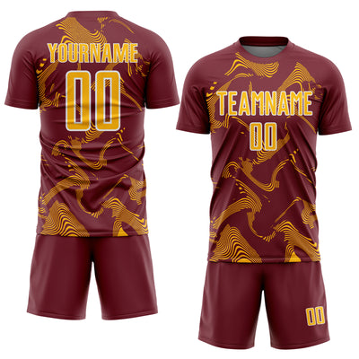 Custom Burgundy Gold-White Curve Lines Sports Sublimation Soccer Uniform Jersey