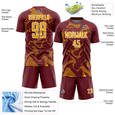 Custom Burgundy Gold-White Curve Lines Sports Sublimation Soccer Uniform Jersey