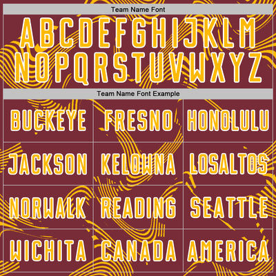 Custom Burgundy Gold-White Curve Lines Sports Sublimation Soccer Uniform Jersey