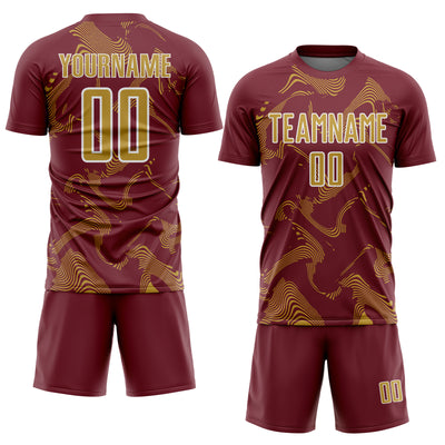 Custom Burgundy Old Gold-White Curve Lines Sports Sublimation Soccer Uniform Jersey